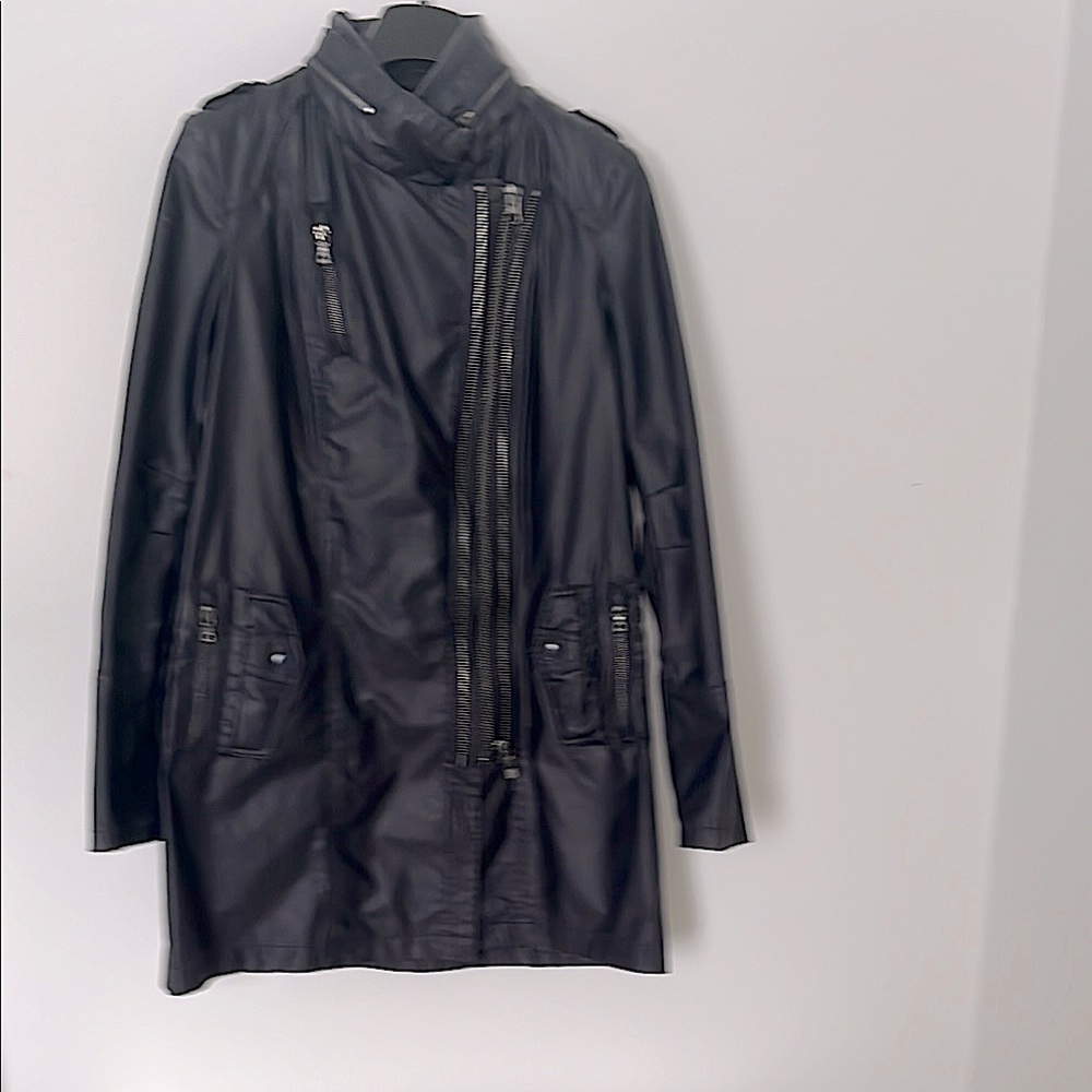 Apanage Noir Waxed Navy Jacket with Multiple Zipper Detail, Size 8
